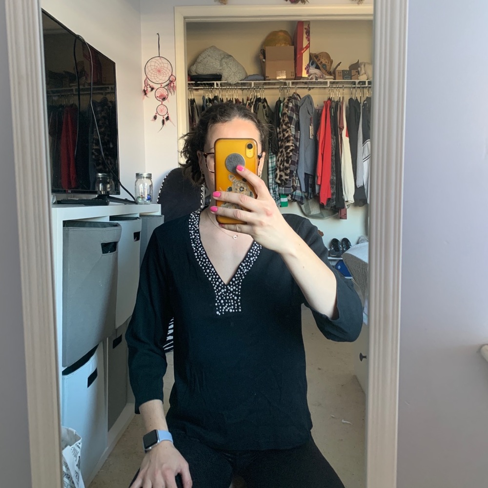 Black PETITE large shirt with a pearl beaded collar